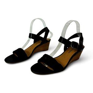 Lucky Brand Jaliena Black Wedge Sandals Ankle Strap Leather 9.5